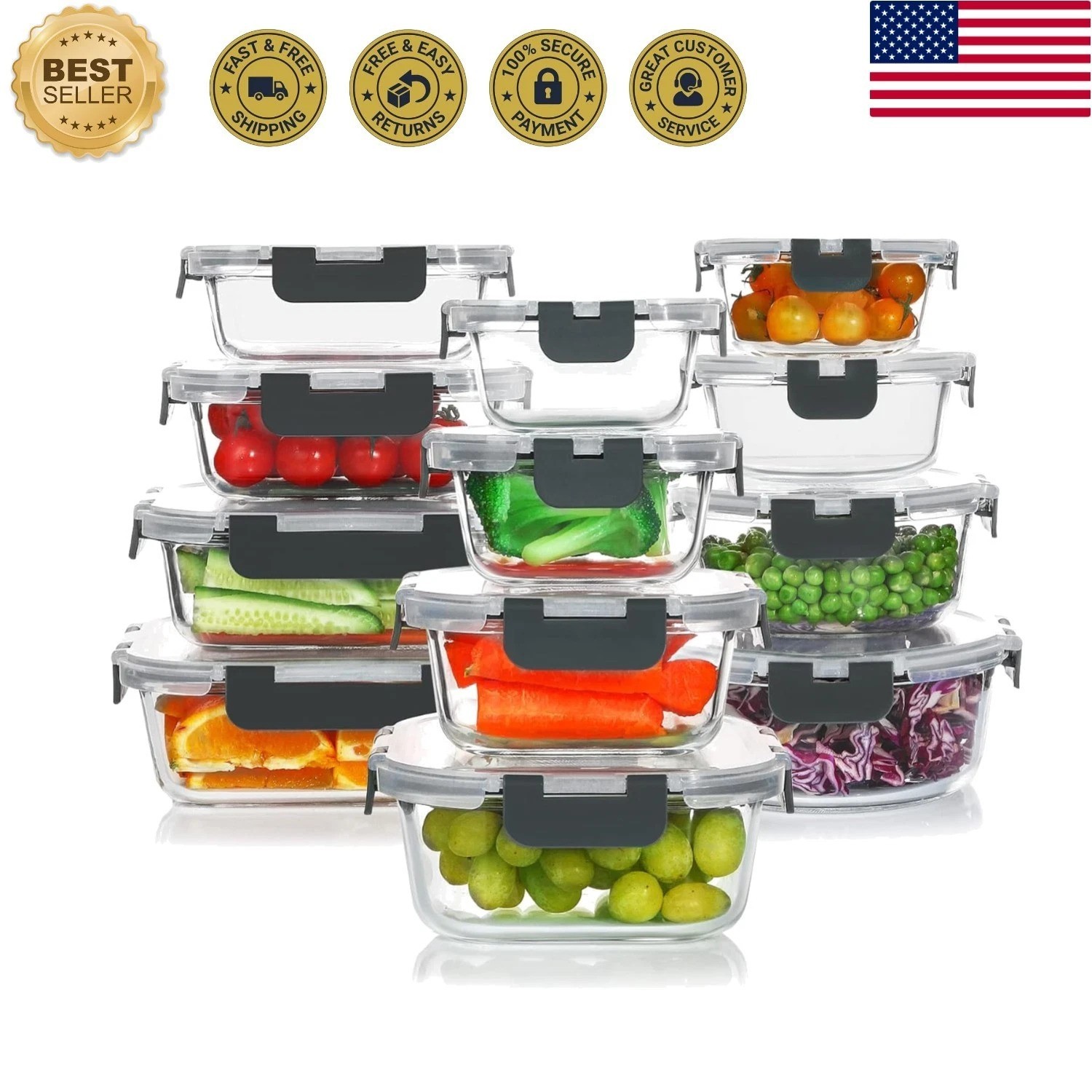 24-Piece BPA-Free Glass Containers – Oven, Dishwasher & Freezer Safe