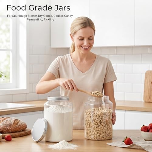 Tlence 2 Pack 1 Gallon Clear Plastic Jars, Large Food Storage Containers with Al