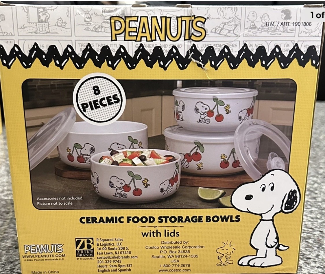 PEANUTS 8 Piece Ceramic Food Storage Bowls w/ Lids Peanuts & Cherries 🍒