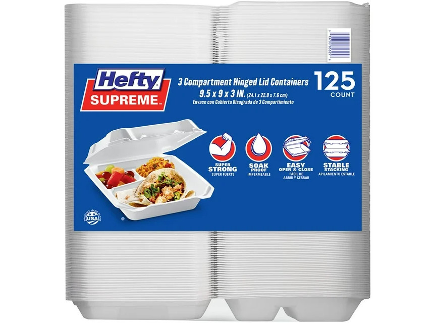 Hefty Supreme Foam Hinged Lid Container, 3-Compartment 125 ct.