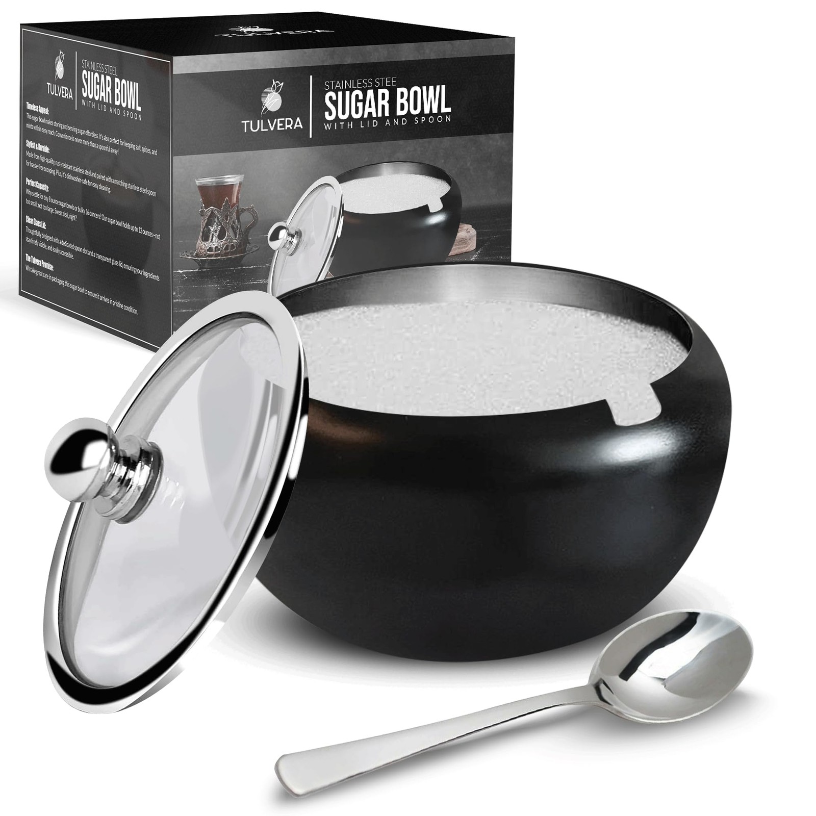 Sugar Bowl with Lid and Spoon | 12oz Container Standard, Matte Black
