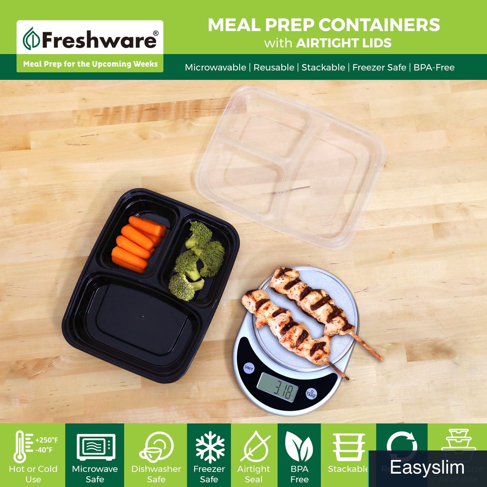 Meal Prep Containers 15 Pack 3 Compartment 32oz Bento Box Stackable