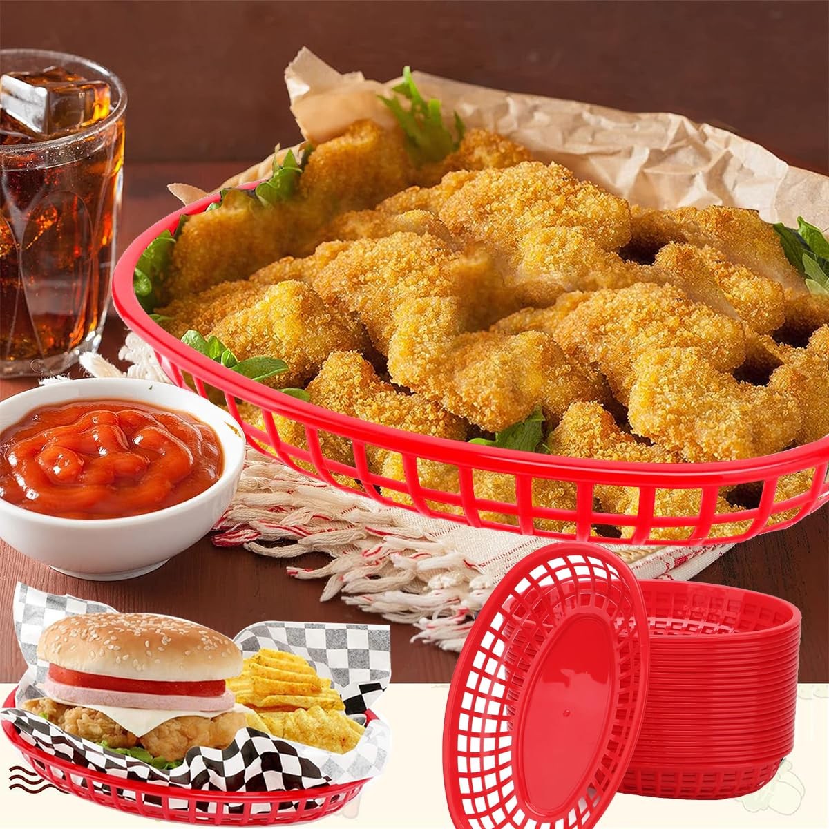 50 Pack 9×5.7″ Black And Red Plastic Oval Fast Food Serving Baskets