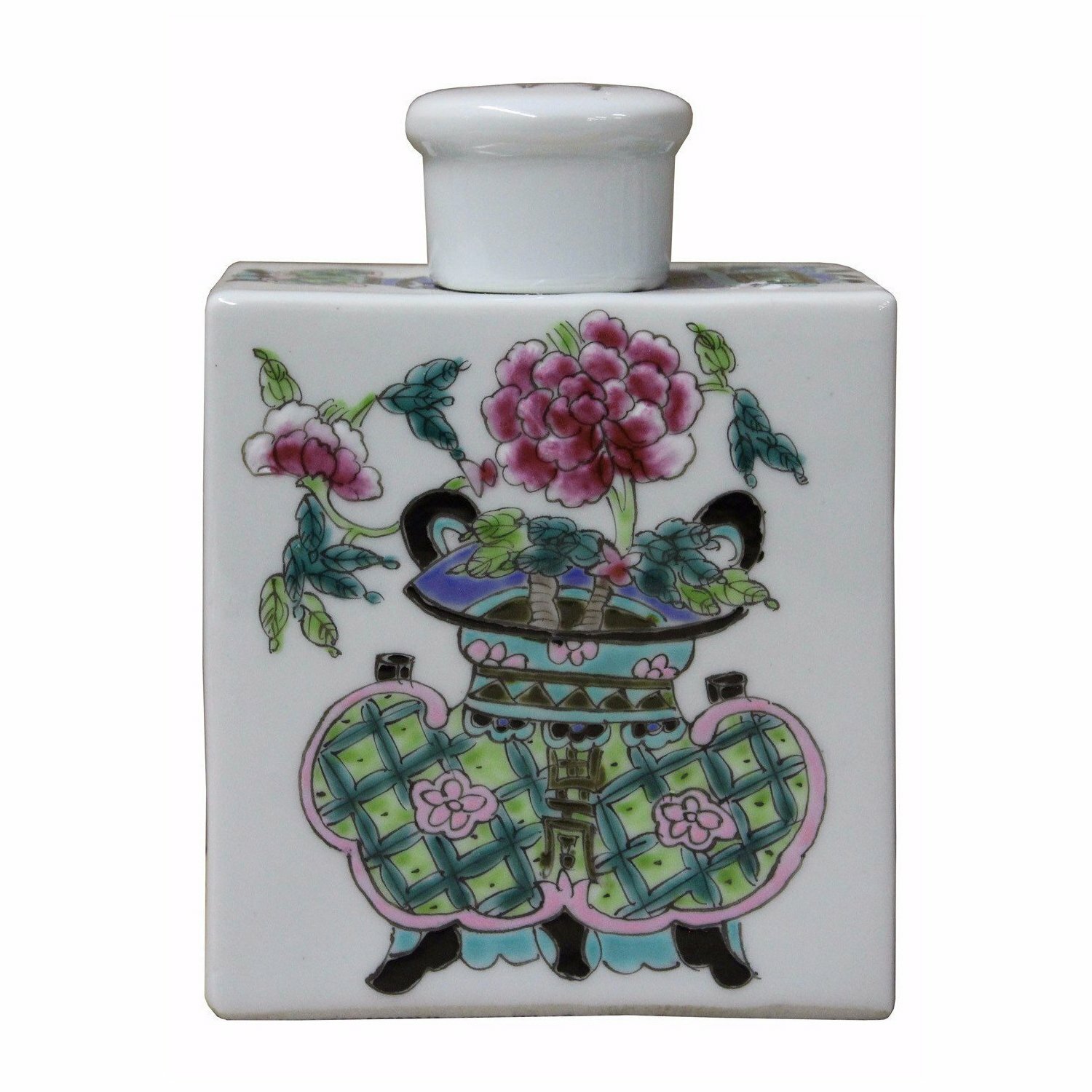 Handmade Colorful Painting Flower In Vase Rectangular Porcelain Tea Jar n227