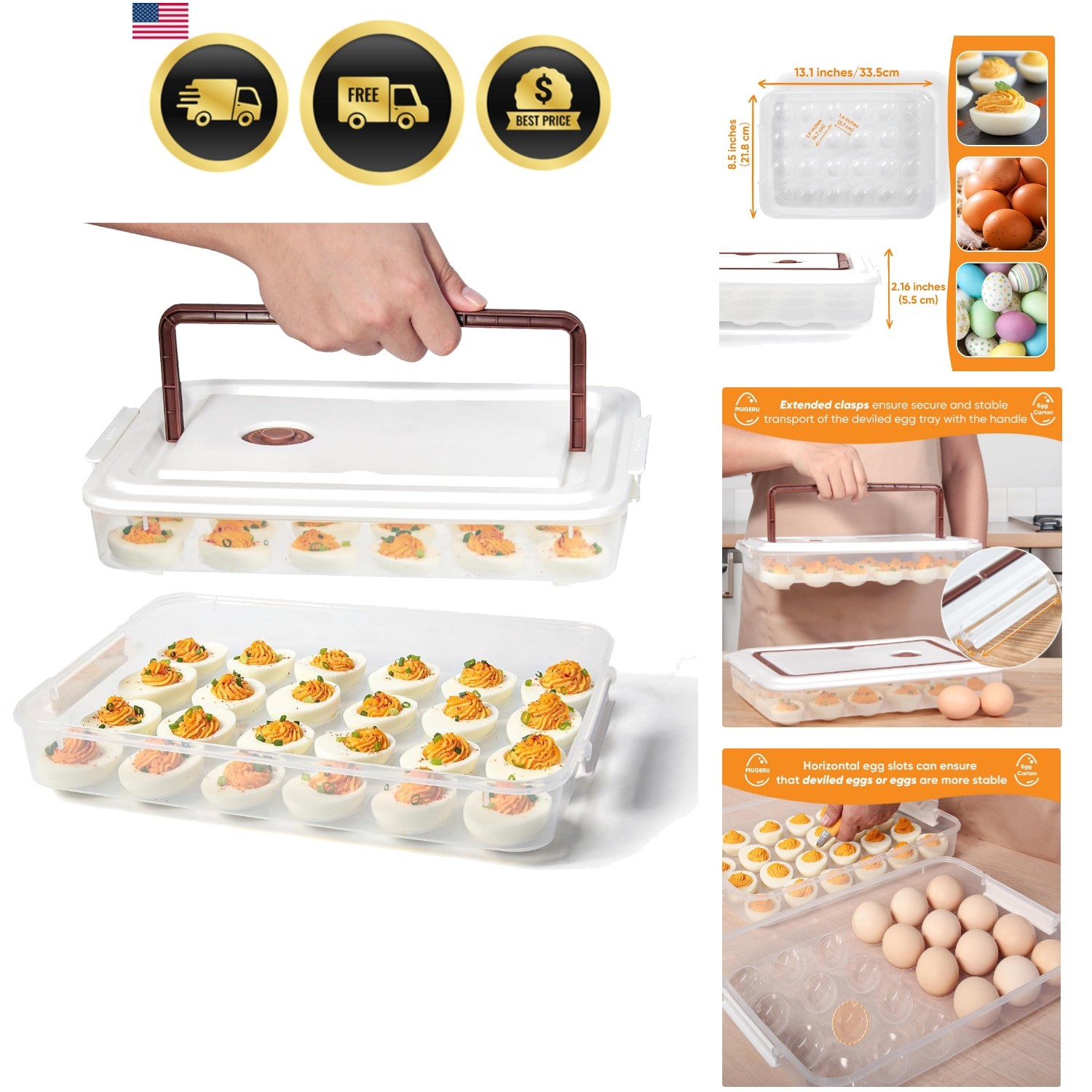 Deviled Egg Containers with Lid, Set of 2, Plastic Tray Carrier with Handle, …