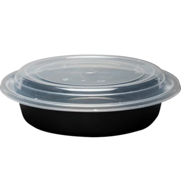 24oz Disposable Black Meal Prep/Bento Box with Clear Dome Lids – Round Plasti…