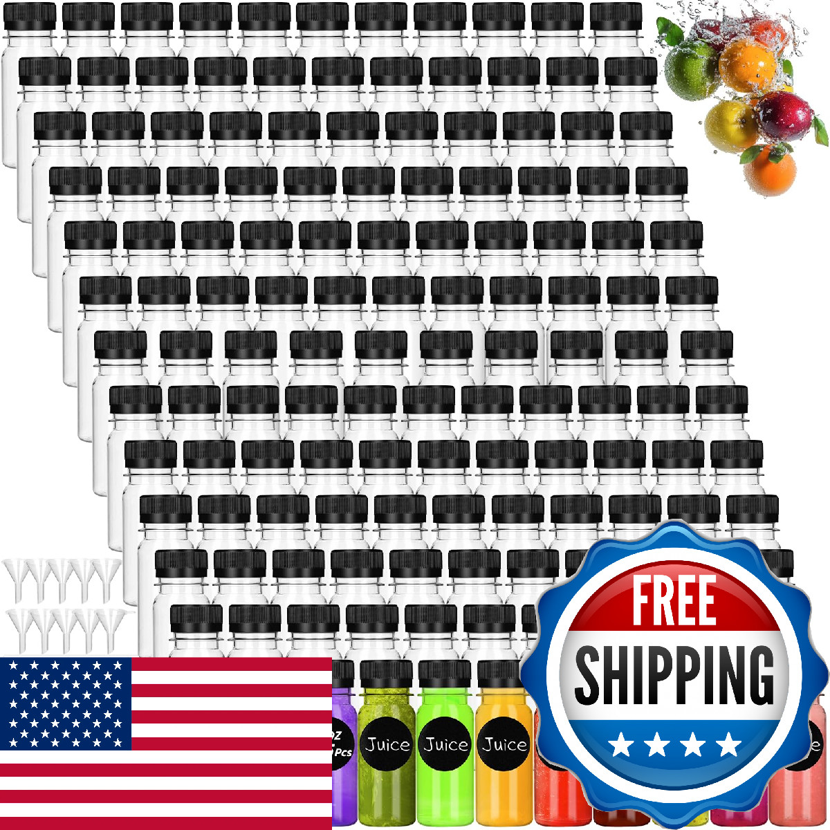UZLU 165 Pcs 2 oz Small Plastic Juice Bottles with Black Caps Mini Clear Ginger