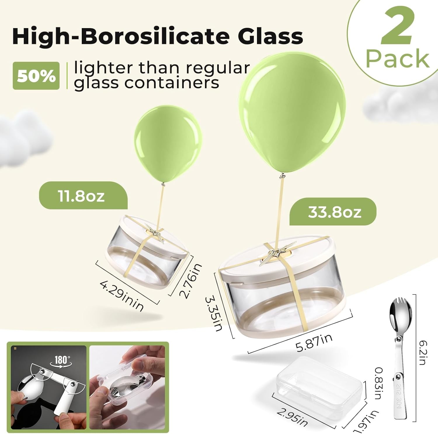 Glass Food Storage Containers with Airtight Lids 33.8oz & 11.8oz