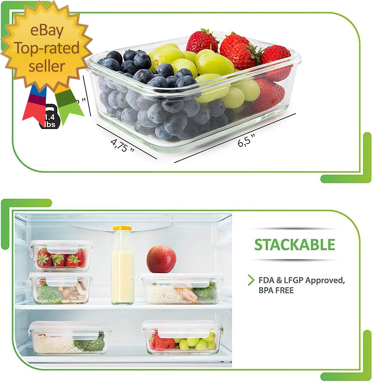5 Pack 30 Oz Glass Meal Prep Containers Dishwasher Microwave Freezer Oven Safe