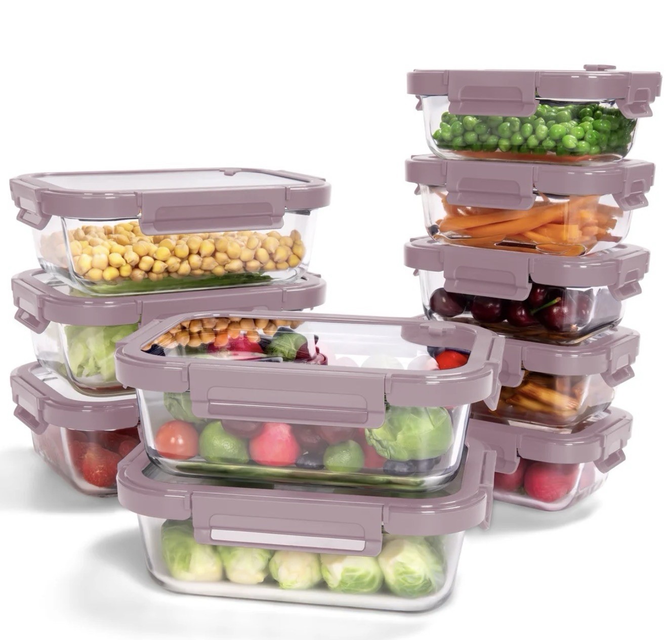 BOROHOUSE 10 Pack Glass Food Storage Containers Tempered Lids Oven Safe Pink