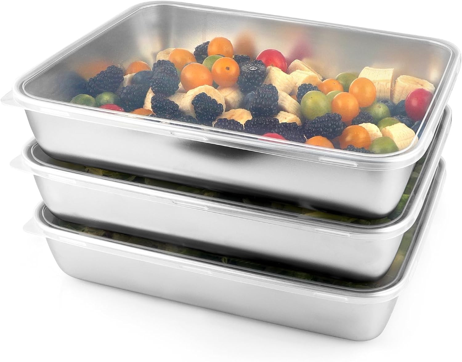 3 Pcs Stainless Steel Food Containers W/ Clear Lids 12″ x 9.6″ Large Stackable