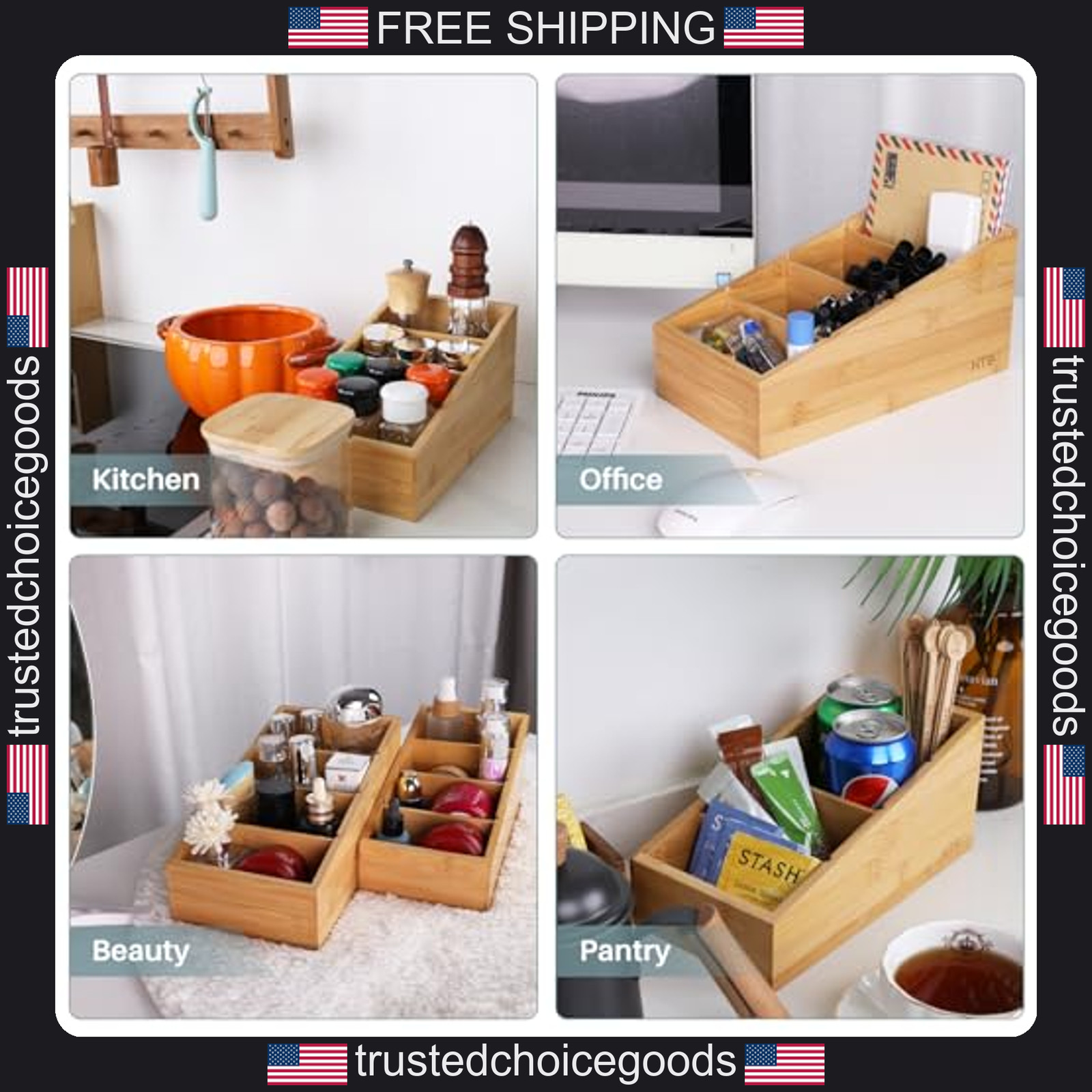 Set of 2 Bamboo Pantry Organizers with Removable Dividers for Kitchen Storage