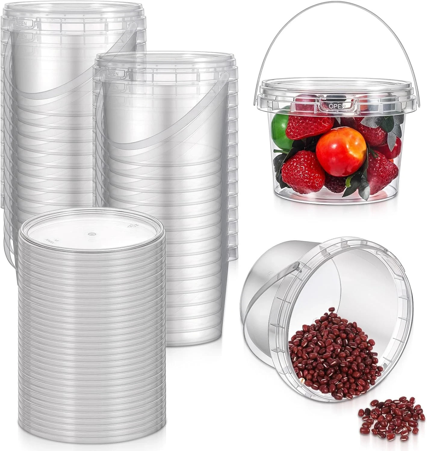 40 Pack 16Oz Clear Plastic Buckets with Lids and Handles for Food Storage