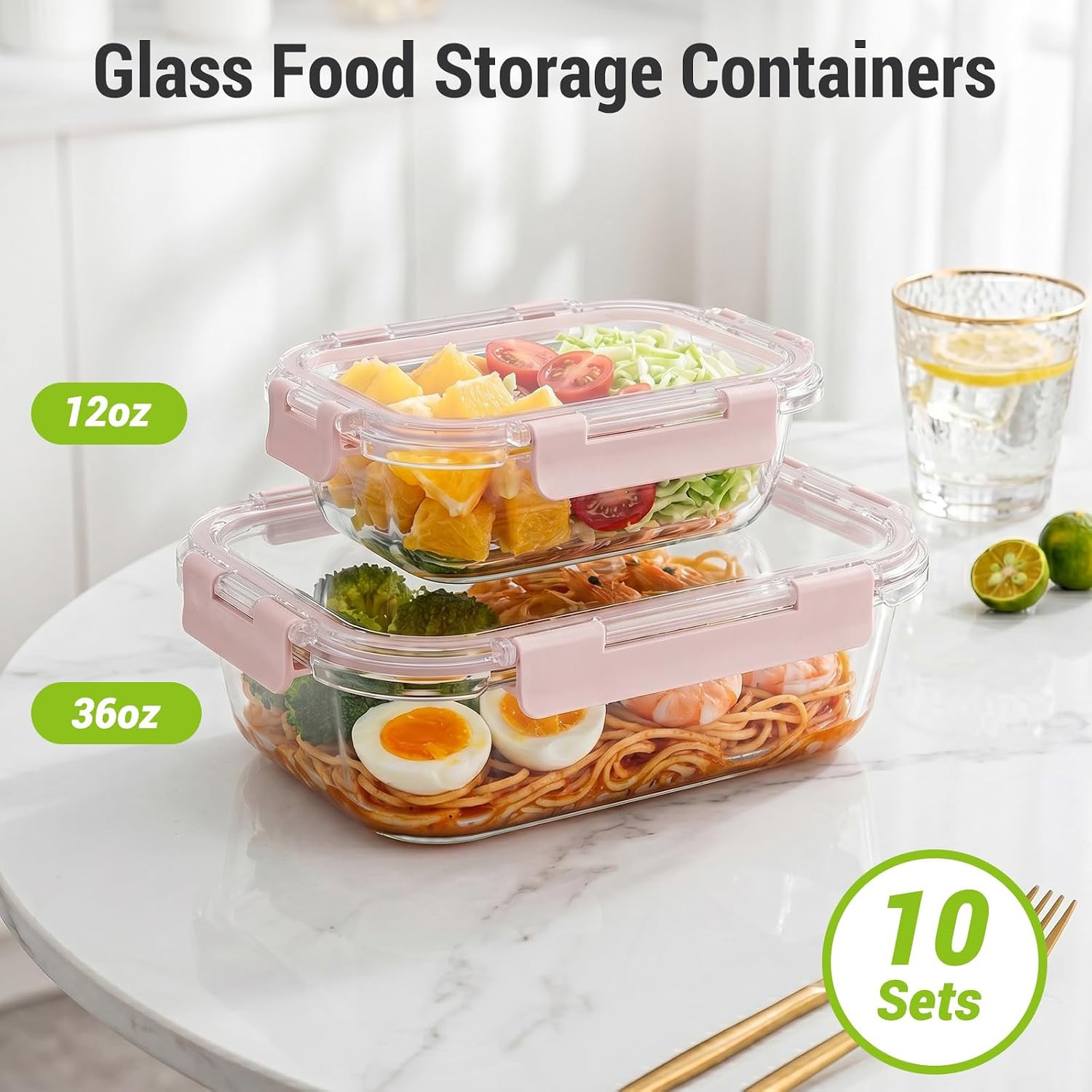 Dealusy 10 Sets (20-Piece) 36 oz & 12 oz Glass Food Storage Containers with lids