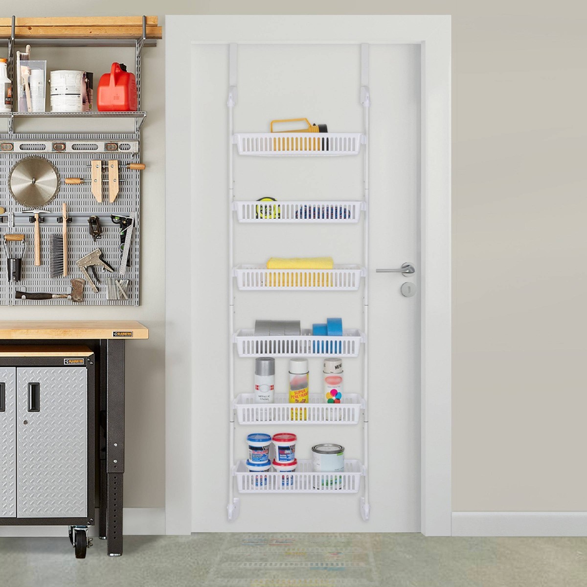 Smart Design Steel 6-Tier Over the Door Pantry Organizer – White: Back of Door