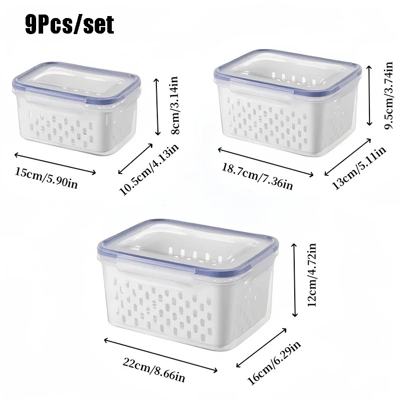 9Pcs/Set Fruit Storage Containers for Fridge, Fridge with Removable Colander, Al