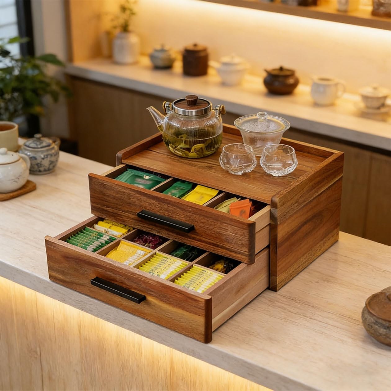 LzaoEFFF Double Drawer Acacia Wood Tea Bag Organizer, 33cm*25cm*18cm, Brown