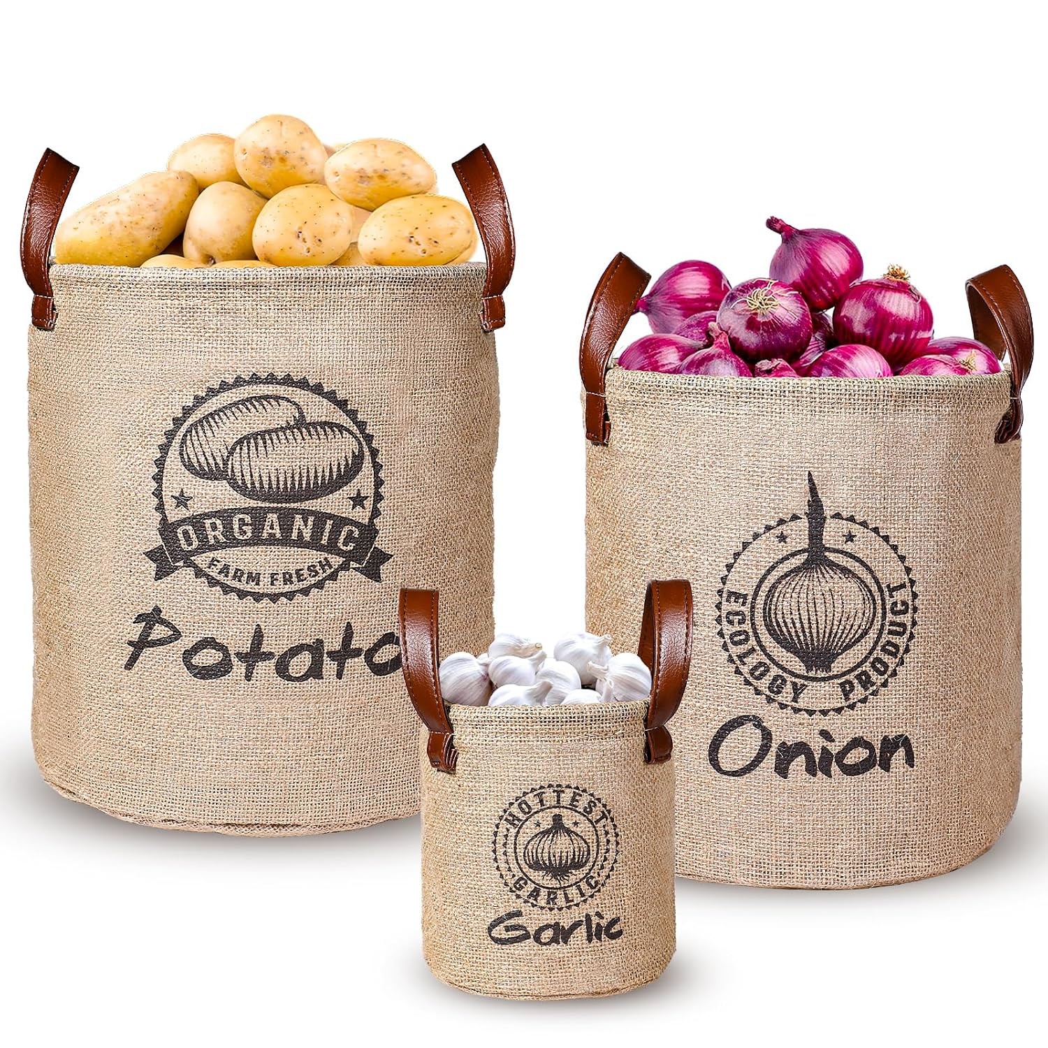Kamehame Potato and Onion Storage Baskets Pack of 3, Lined Burlap Pantry Storage