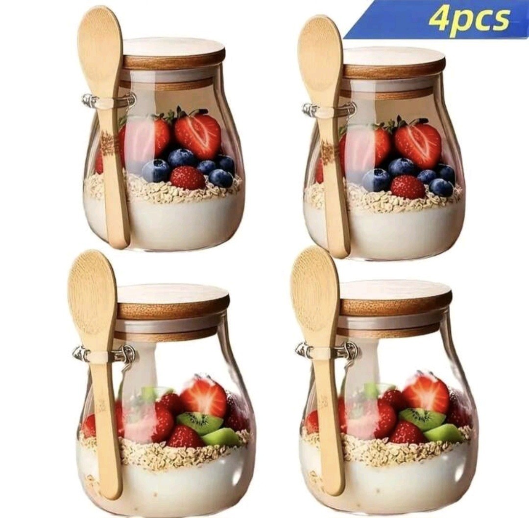 4 Pack 16oz Glass Oatmeal Cups with Bamboo Lids & Spoons, Overnight Oats Jars