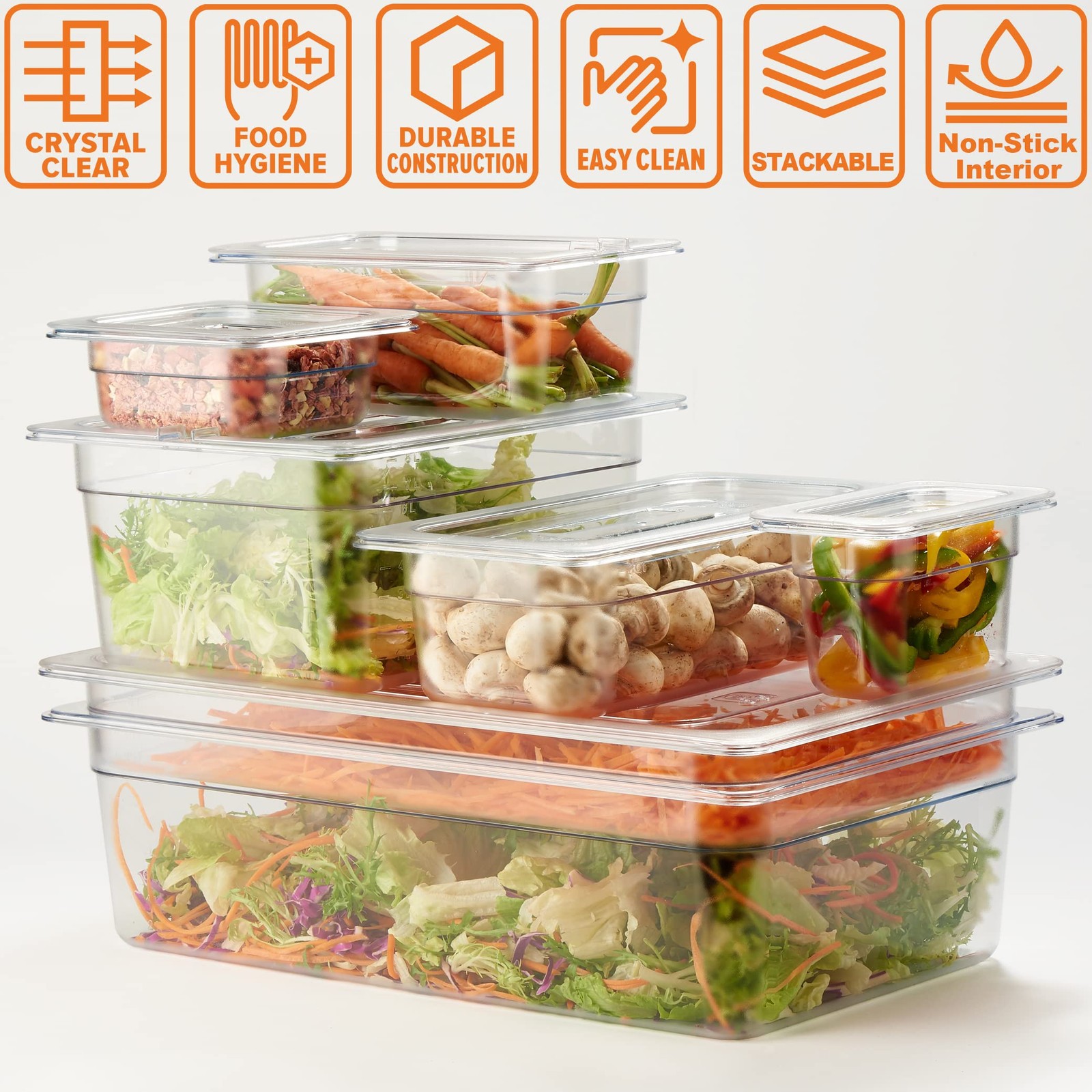 6 PCS NSF Food Pans 1/6 Size 2 1/2 Inch Deep Commercial Clear Plastic