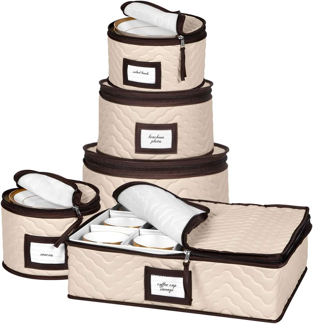 5-Piece Quilted Microfiber China Storage Containers for Safe Dinnerware Storage