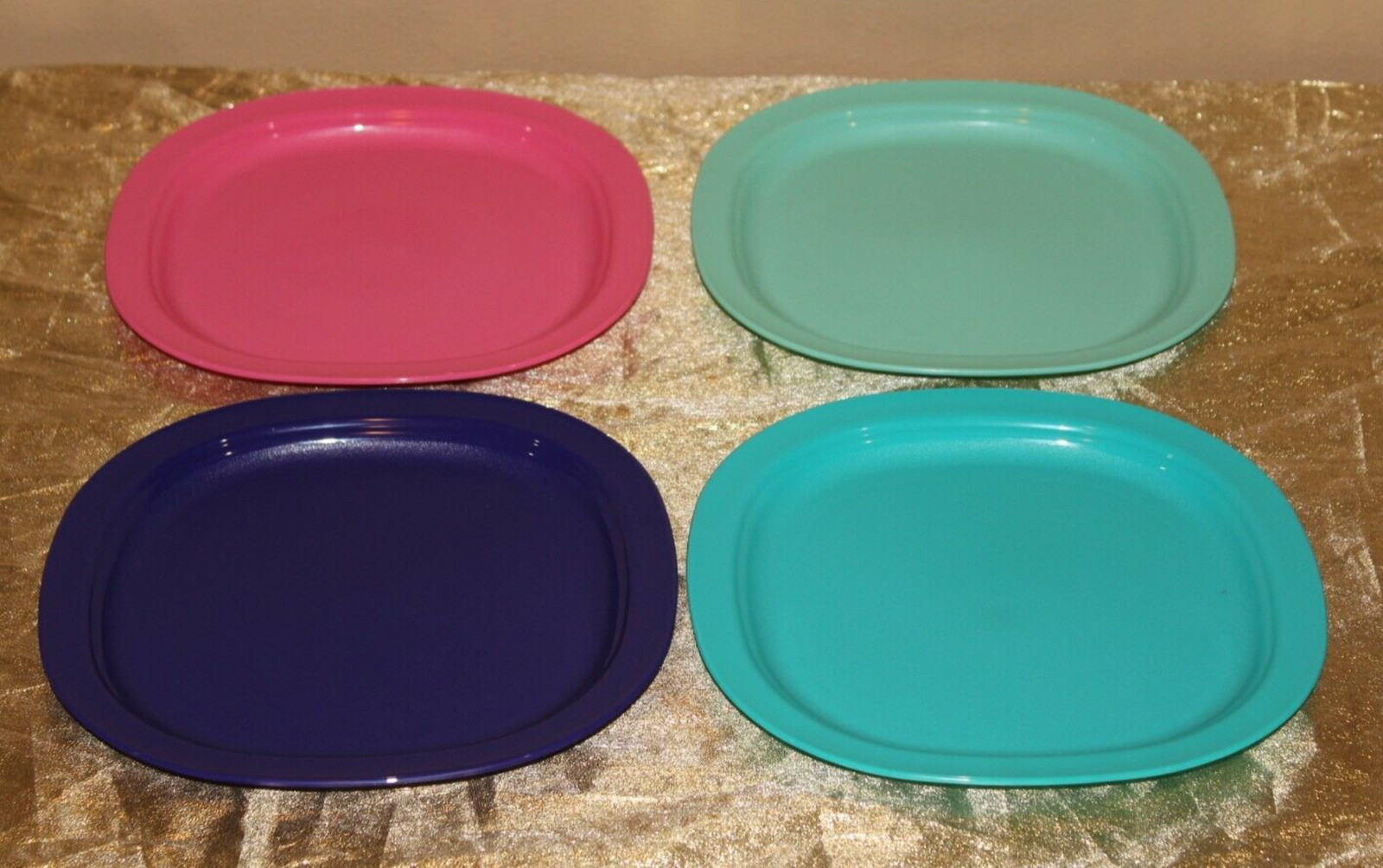 Tupperware Impressions Dessert Plates 7 3/4 ” Set Guava Mint Navy Aqua Blue New