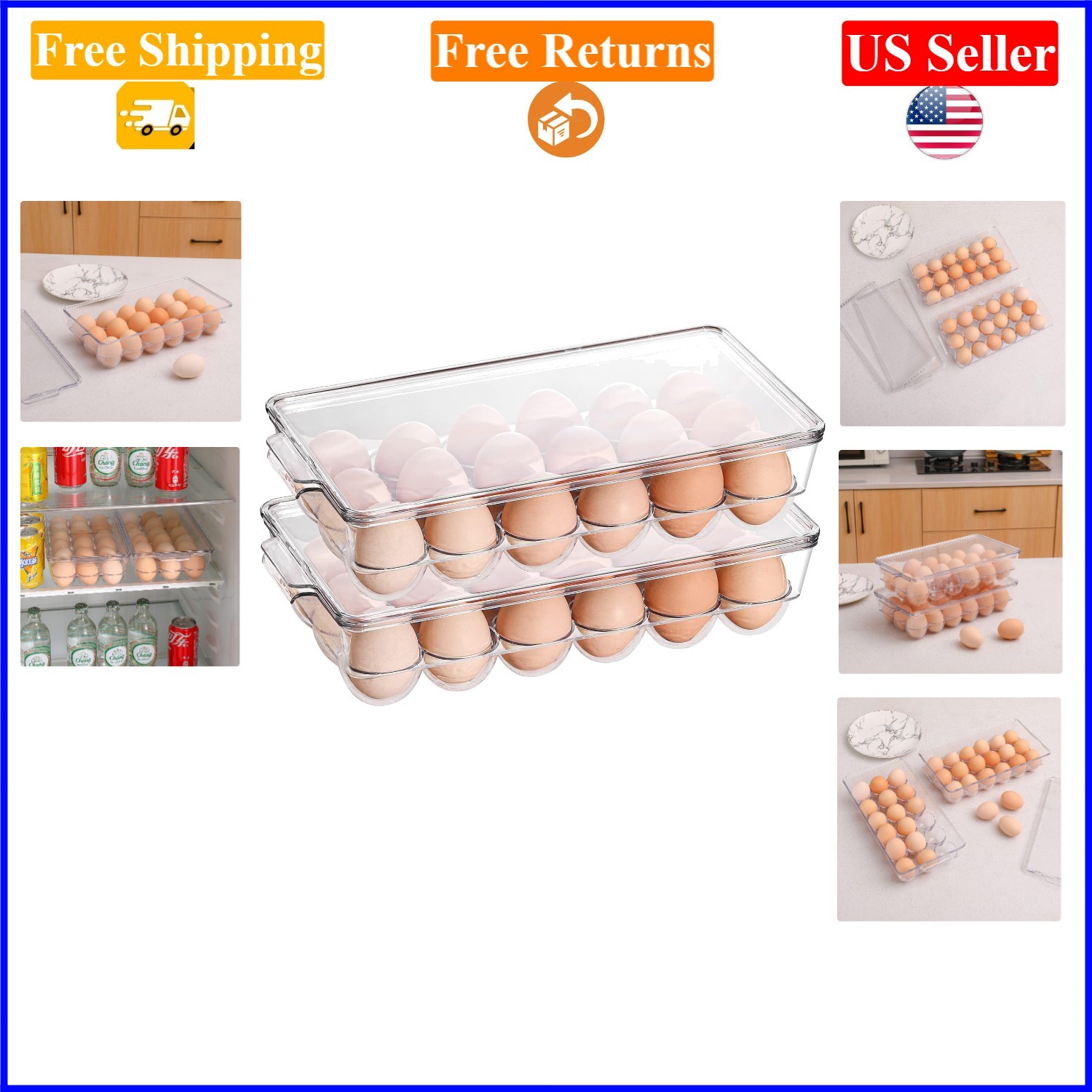 2 Pack Clear Plastic Egg Holders for Refrigerator, Stackable, Holds 18 Eggs