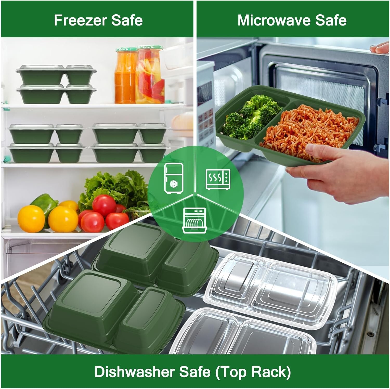 50Pk (100-Piece) 28 oz Meal Prep Containers Reusable W/ Lids 2-Compartment Green
