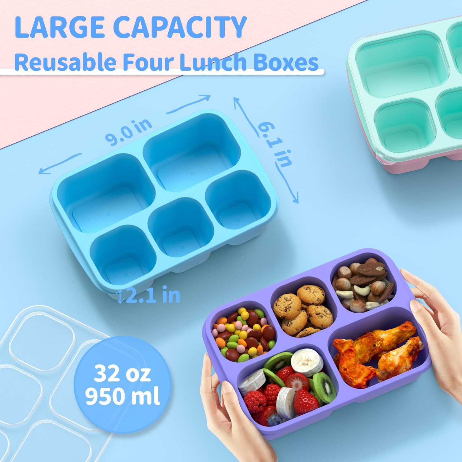 Bento Box Adult Lunch – 4 Pack, 5 – PP(Blue/Pink/Green/Purple)