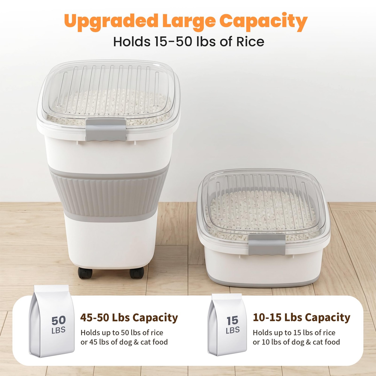 NURYO 50 Lbs Rice Storage Container with Wheels, Large, Grey/50lbs
