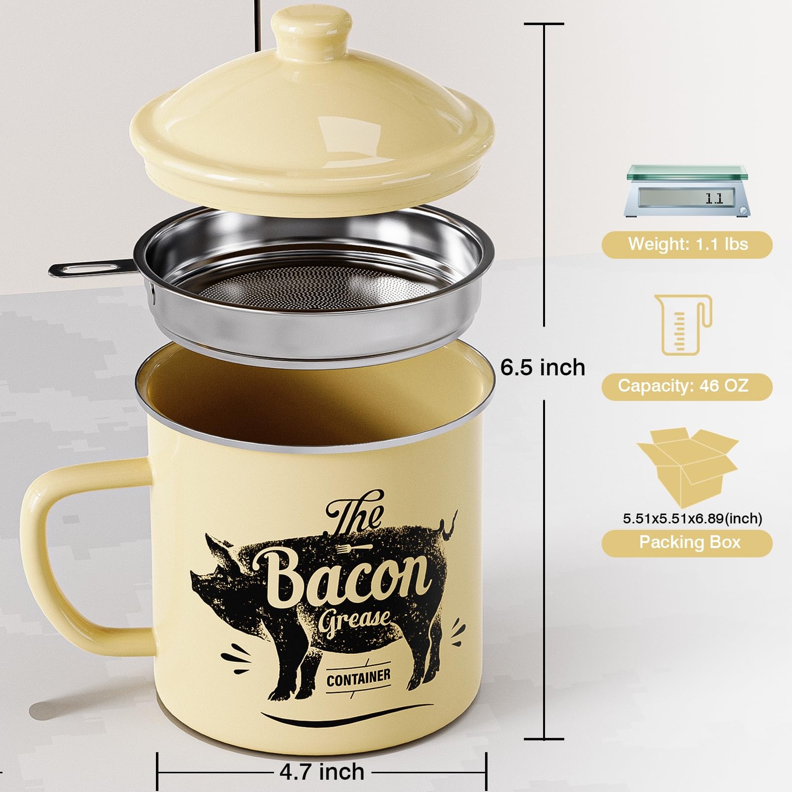 Bacon Grease Container With Strainer, 46OZ Large Enamel Grease Container, Wit…