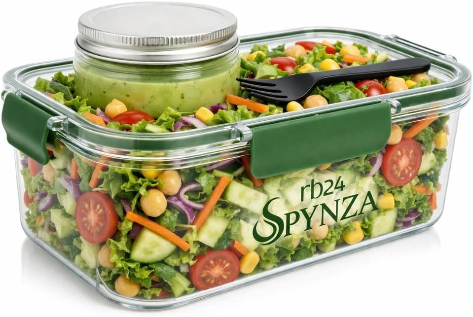 Spynza 34oz Salad Lunch Container Meal Prep Bowl Dressing Cup Fork Green NEW