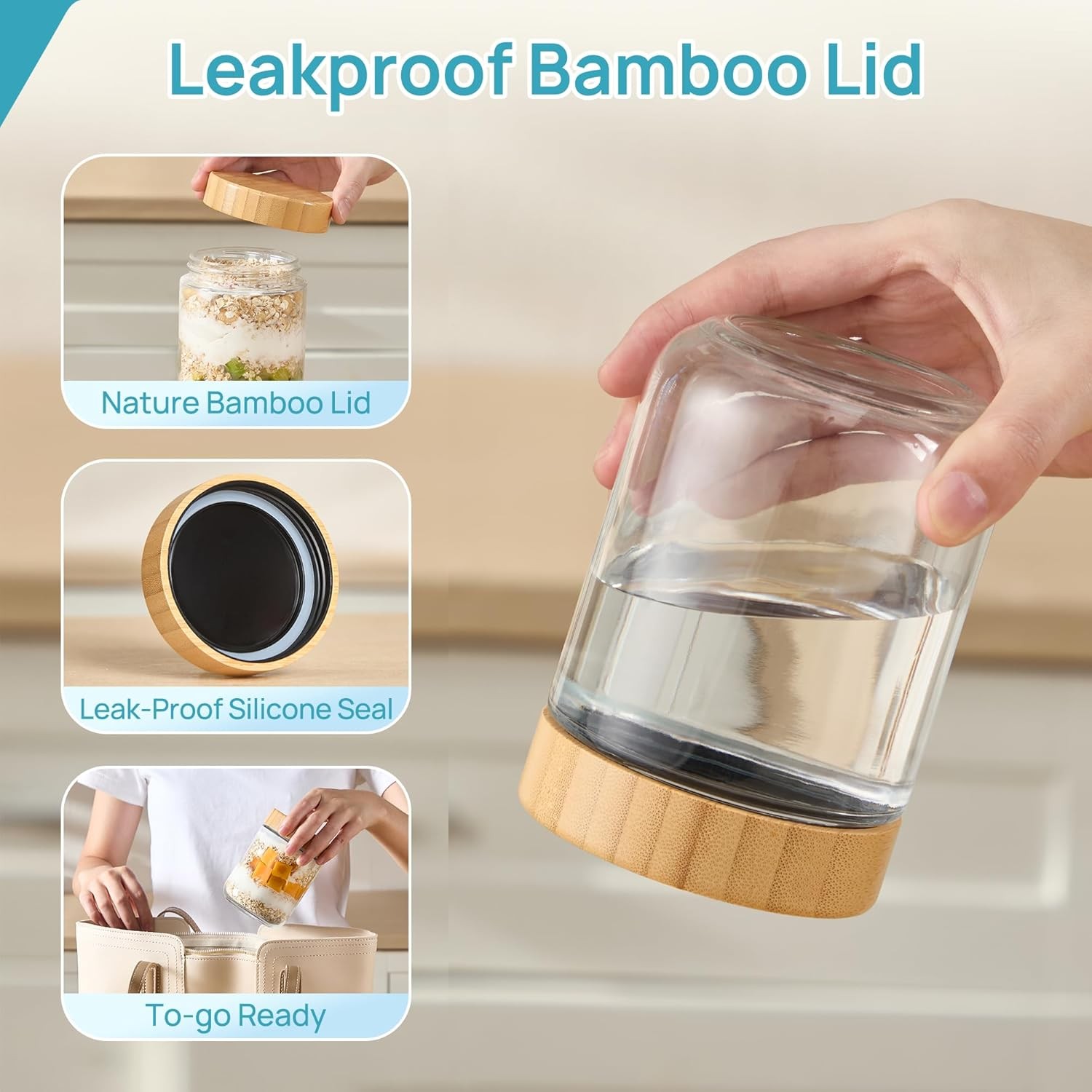6 Pack 16oz Glass Overnight Oats Containers W/ Bamboo Lids Portable Wide Mouth