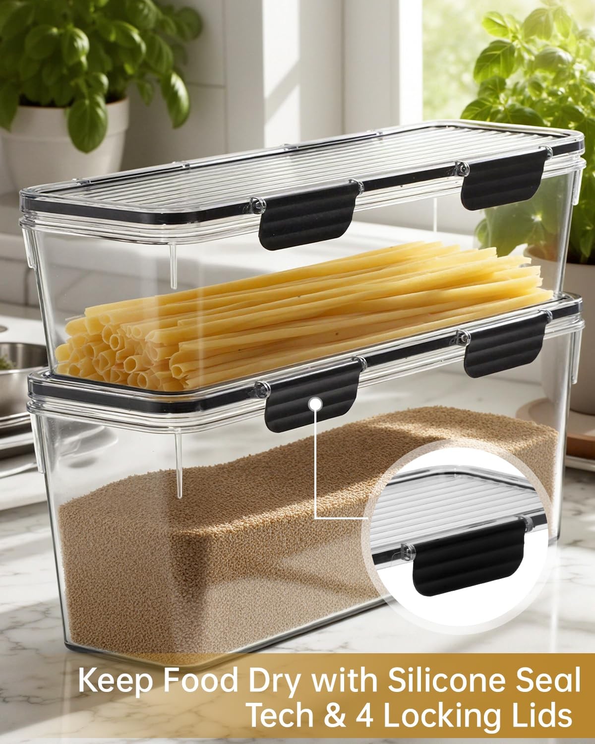 Set of 2 Spaghetti Pasta Storage Container with Lid, (3.6L/2.8L) Clear Kitche…