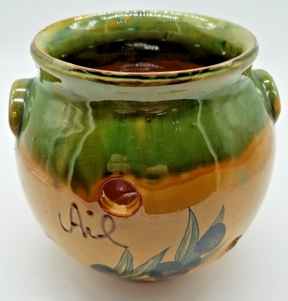 Taste of France Ail “Olives & Ail” Gold & Green Art Pottery Garlic or Olive Jar