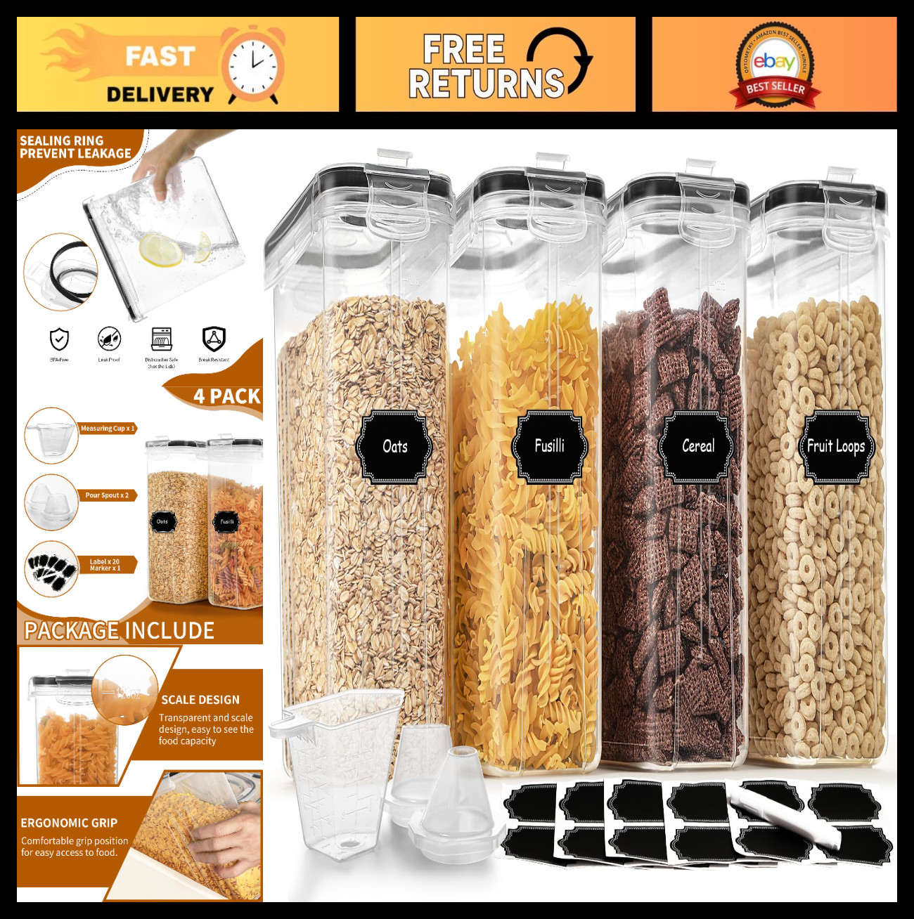 Airtight Cereal Storage Containers Set – 4PCS Food Dispensers with Lids, Pour Sp