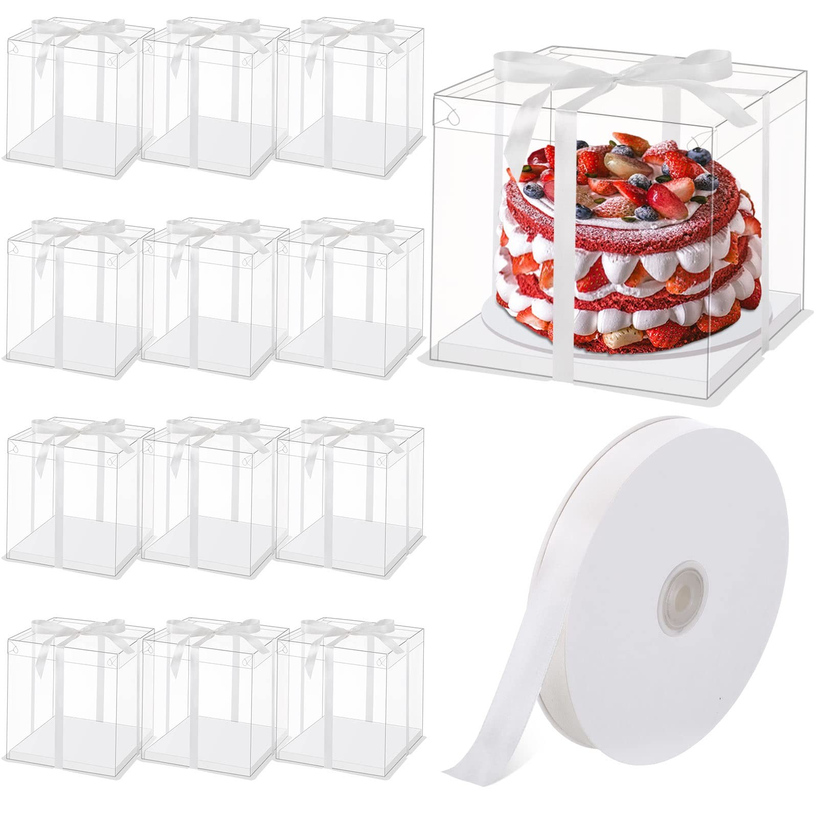 12 Pcs Clear Cake Box with Ribbon 2-layer 10x10x10 Inch, Transparent Cake Car…