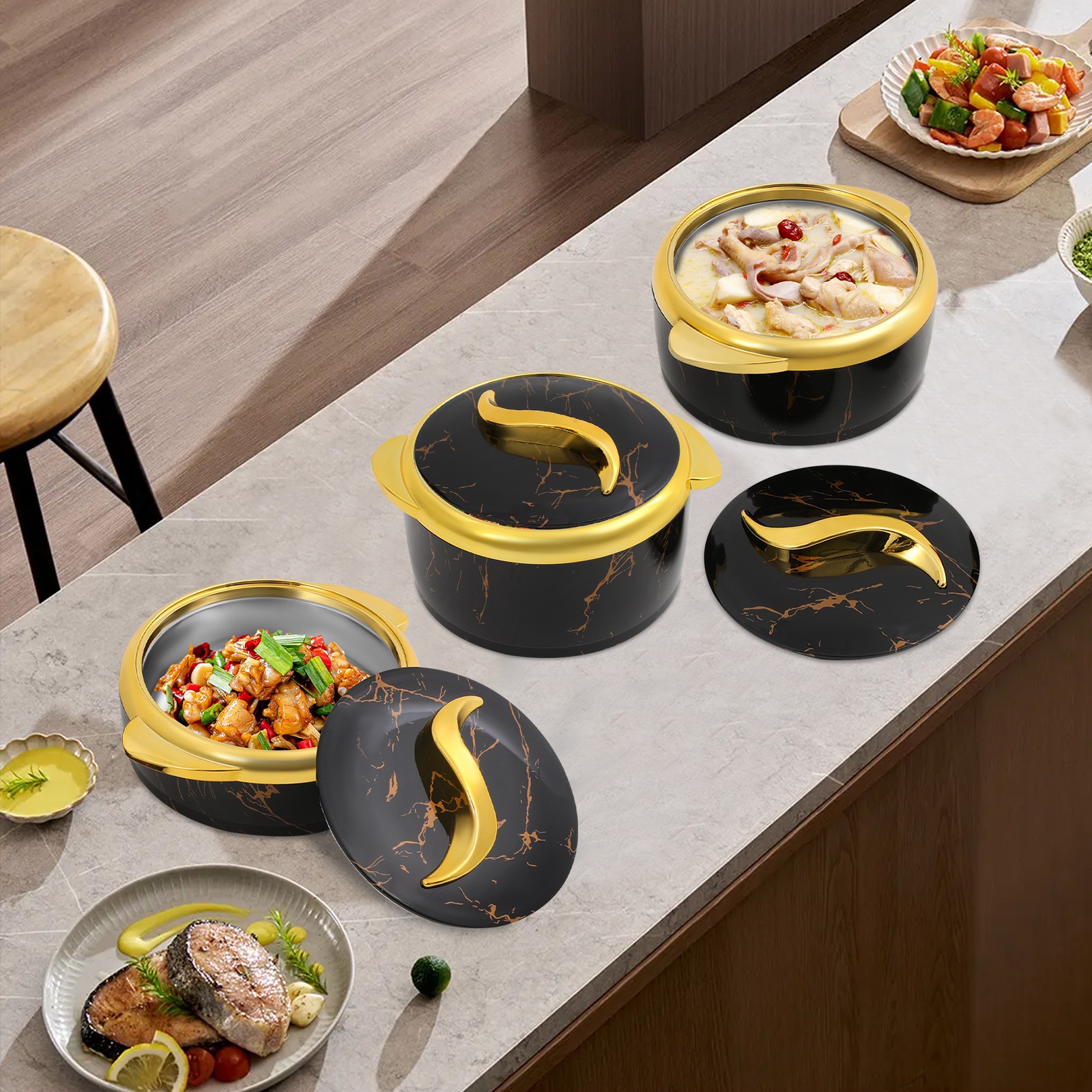 3PCS Insulated Containers Round Thermal Dish Set Hot&Cold Food w/ Lids