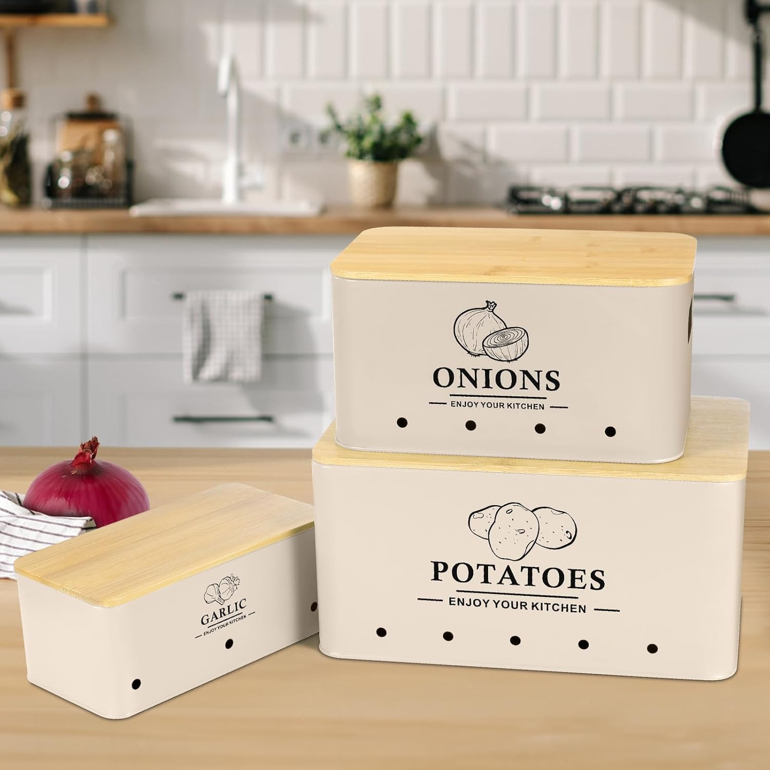 Kitchen Vegetable Storage Set of 3, Metal Onion Garlic Potato Storage Set, Kitch