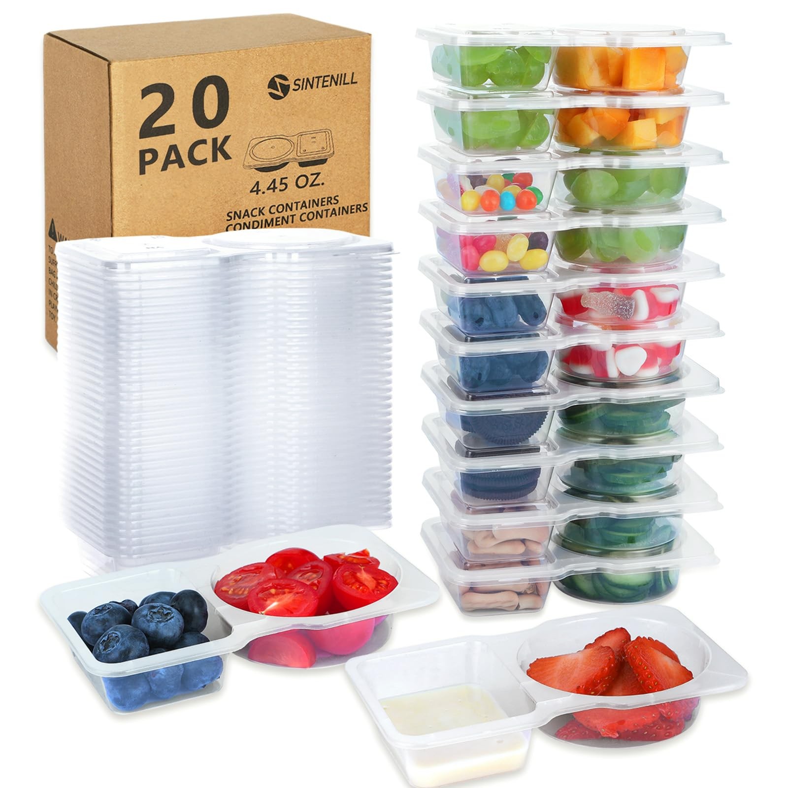 20 Sets Reusable Snack Containers With Lids, Double Compartment Snack Pack Co…