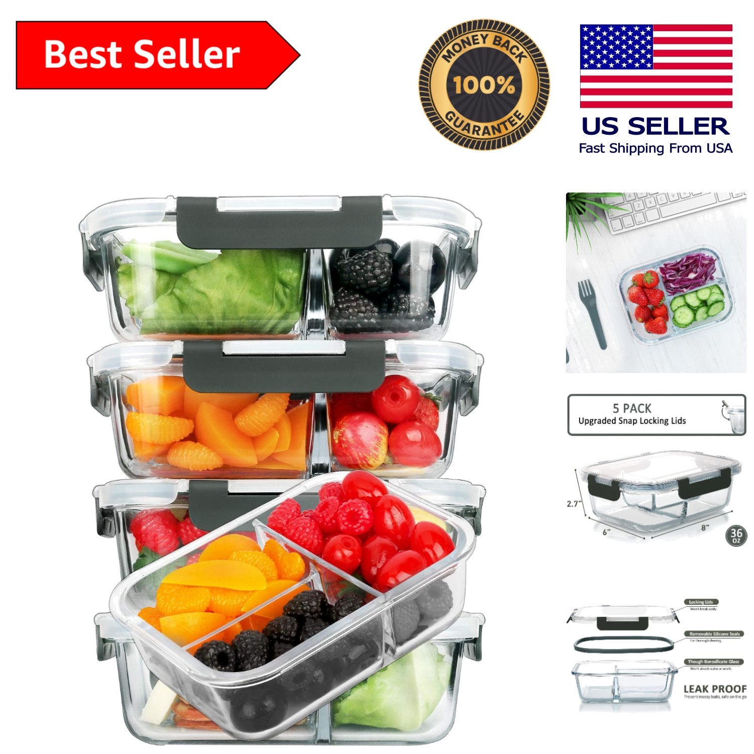 Borosilicate Glass Meal Prep Containers, 36 oz – Airtight, Microwave & Oven Safe