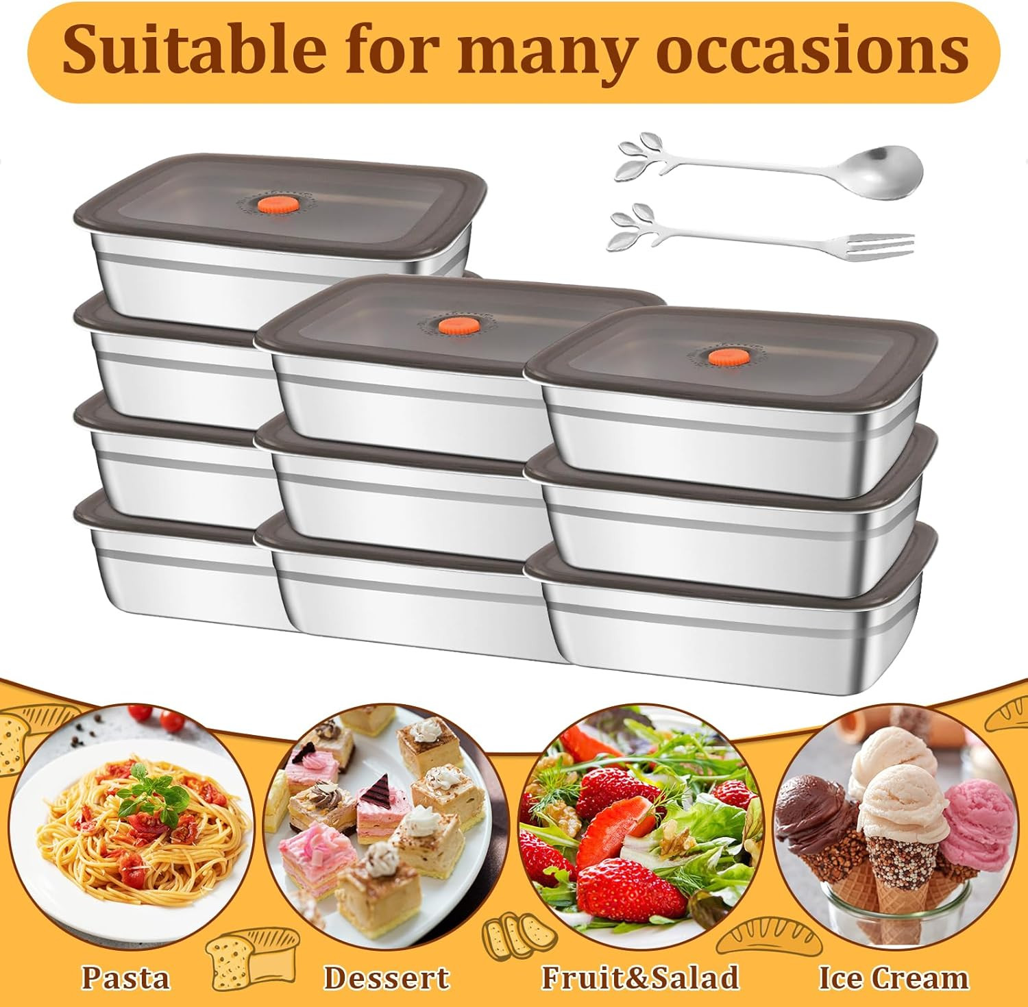 10Pcs 316 Stainless Steel Food Storage Containers Airtight Lids 50Oz/1500Ml Fres