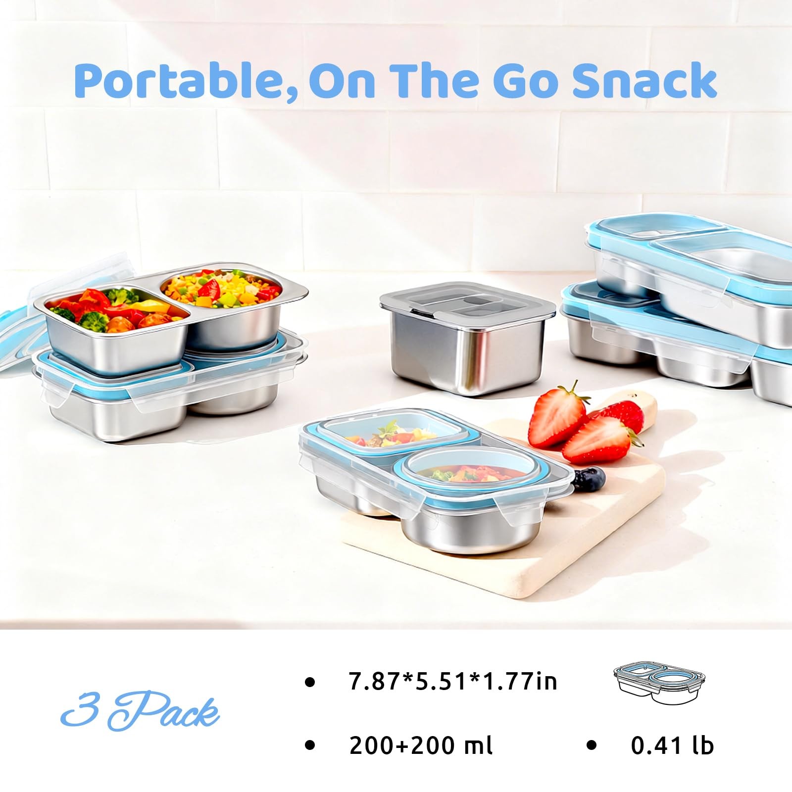 3 Packs Stainless Steel Snack Containers For Adults, 2 Compartment Reusable M…