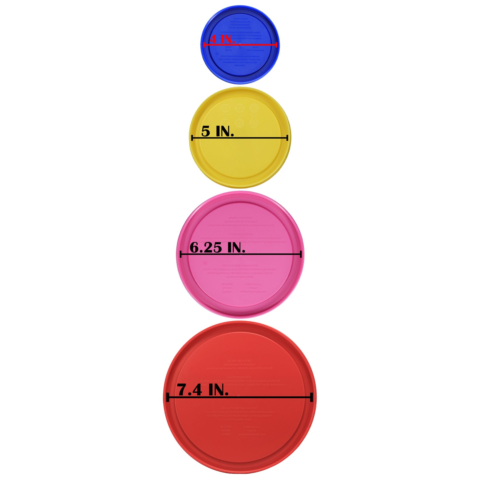 Pyrex Lids: (2) 7202-PC CB, (2) 7200-PC PTY, (2) 7201-PC PK, (1) 7402-PC PR