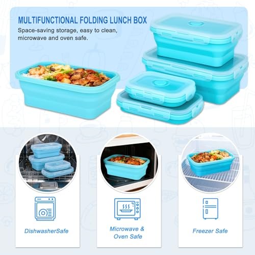Collapsible Silicone Food Storage Containers 4 Set Airtight Leak Navy blue