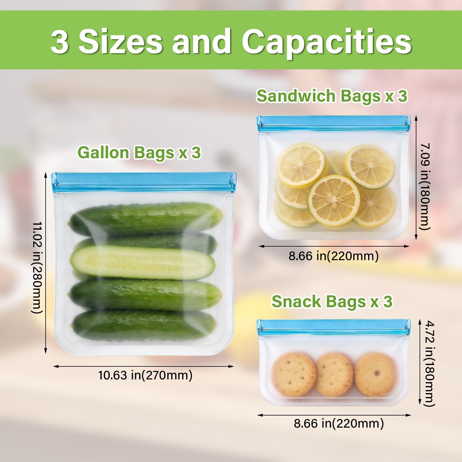 9 Pack Silicone Reusable Freezer Bags Set, 3 Sizes (Gallon/Snack/Sandwich) – …