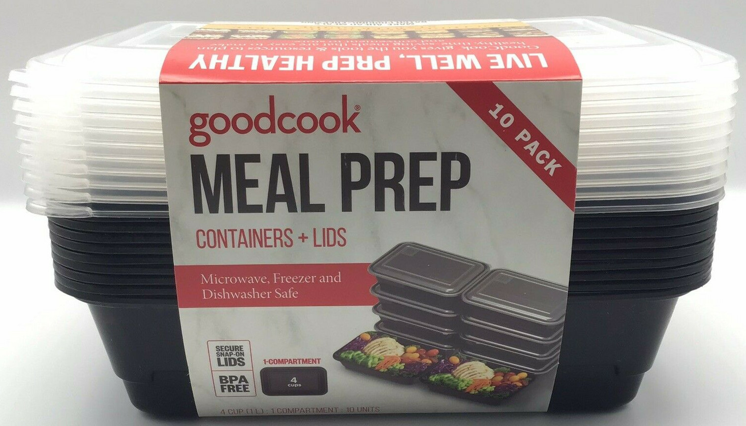 GoodCook 1 Compartment Black Meal Prep Containers & Clear Lids 10 Pack