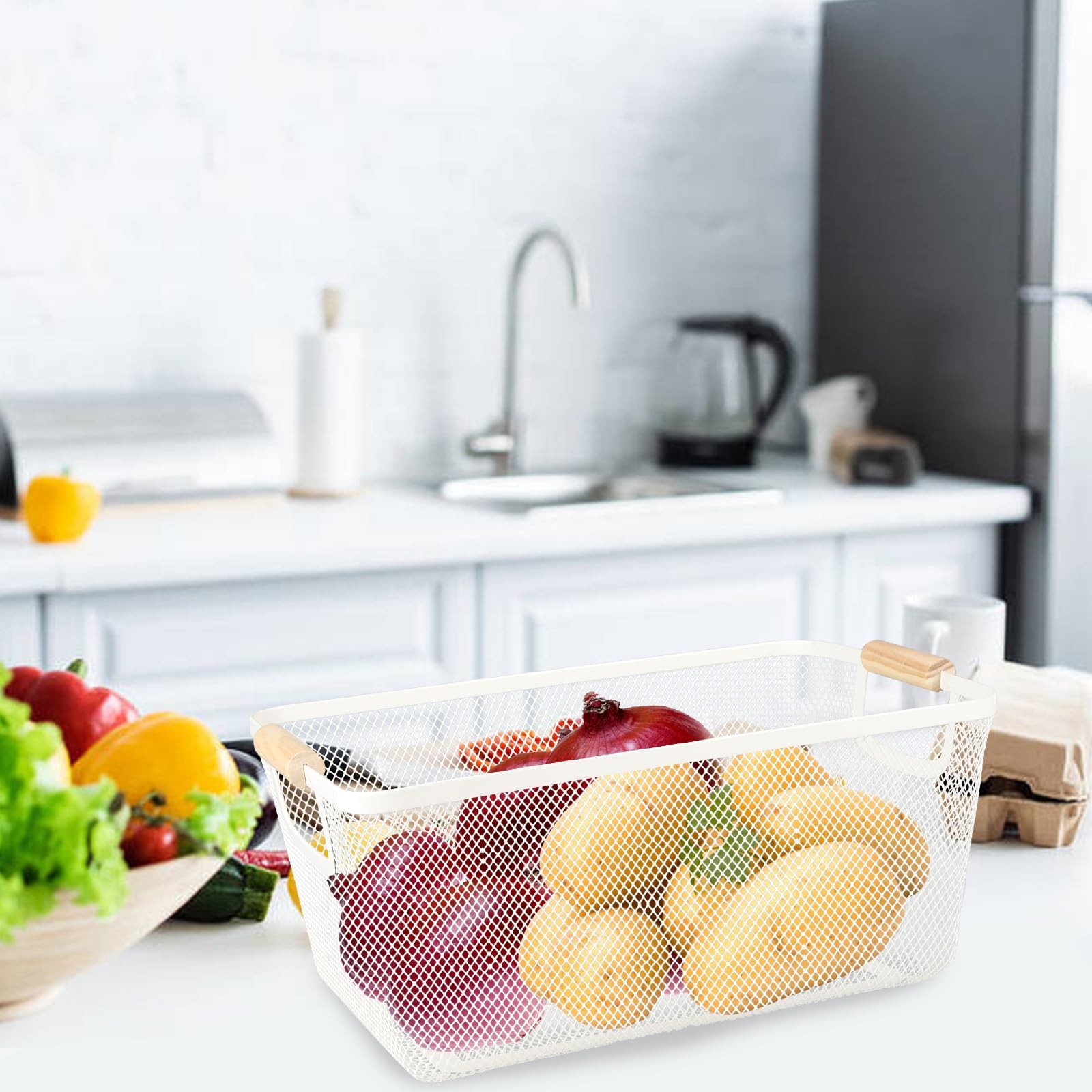 2 PCS Potato Onion Storage Bin Wooden Handle Pantry Kitchen Mesh Basket White