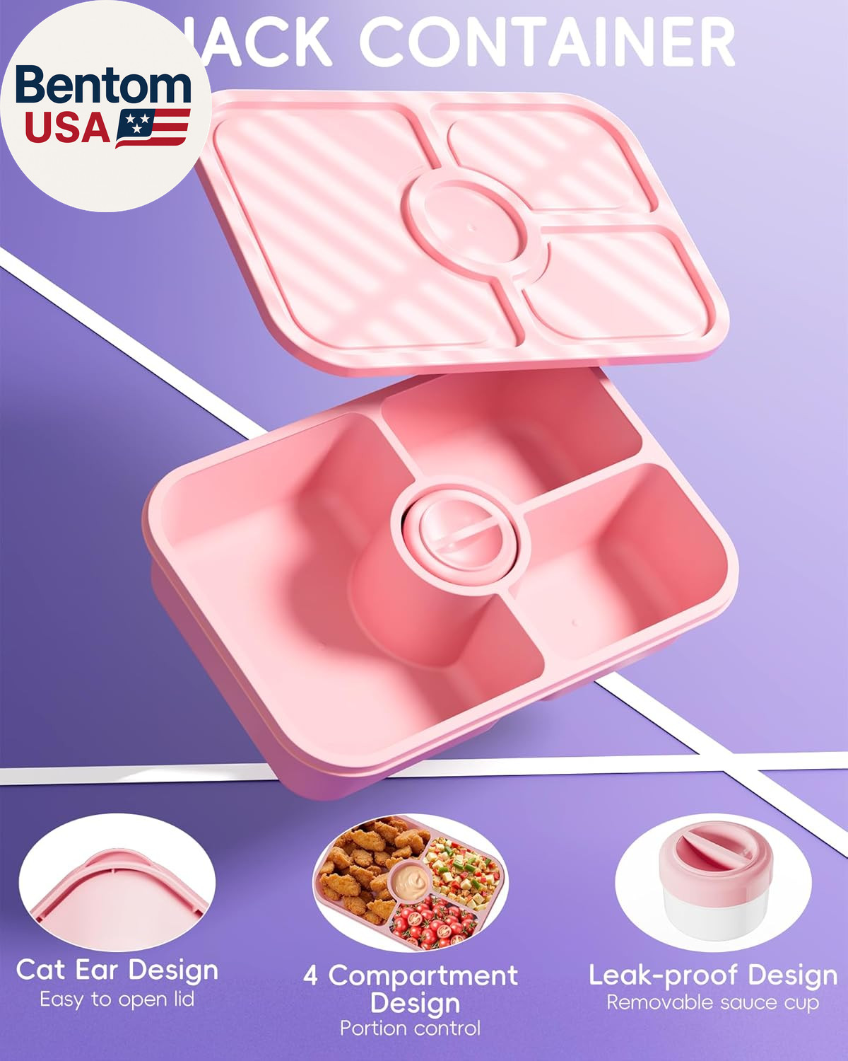 4 Pcs Bento Snack Box Containers, 4 Compartment Divided Stackable Food Storage C