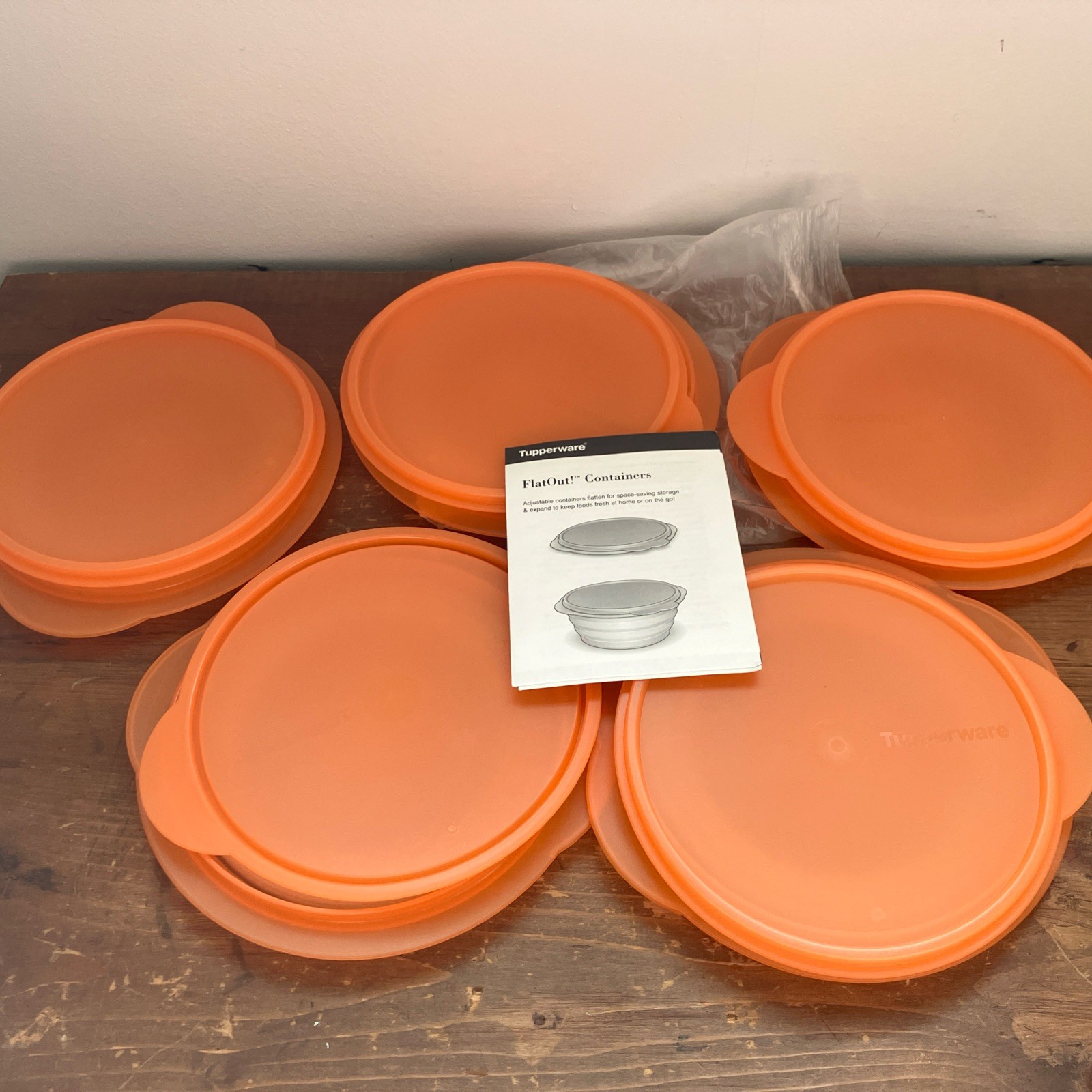 Five Tupperware 4 Cup Orange Flat Out Containers, Lids, Instructions